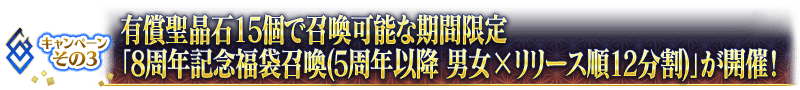 キャンペーンその3 有償聖晶石15個で召喚可能な期間限定「8周年記念福袋召喚(5周年以降 男女×リリース順12分割)」が開催！
